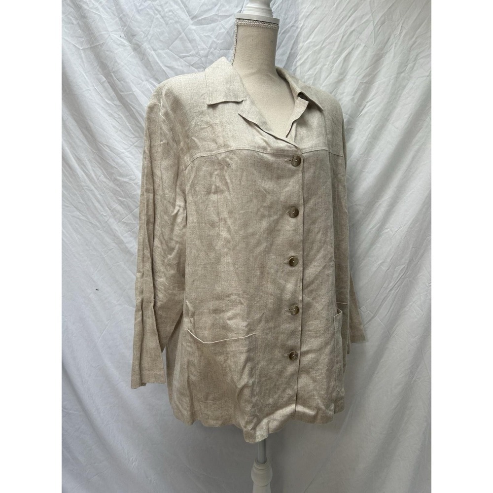 Clio II Linen Blend Button Down Shirt Jacket Womens Beige Pockets 1X